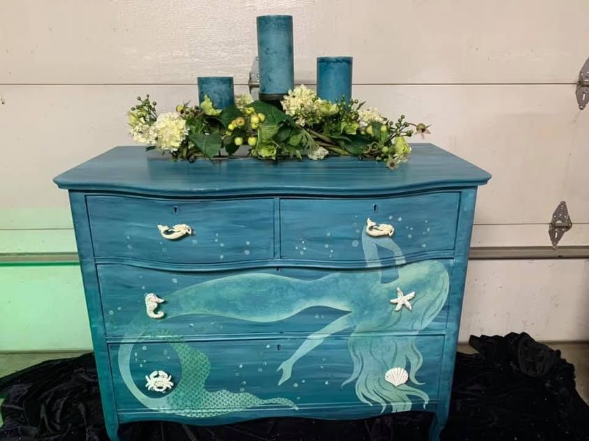 Teal dresser with hand-painted ocean waves and sea life