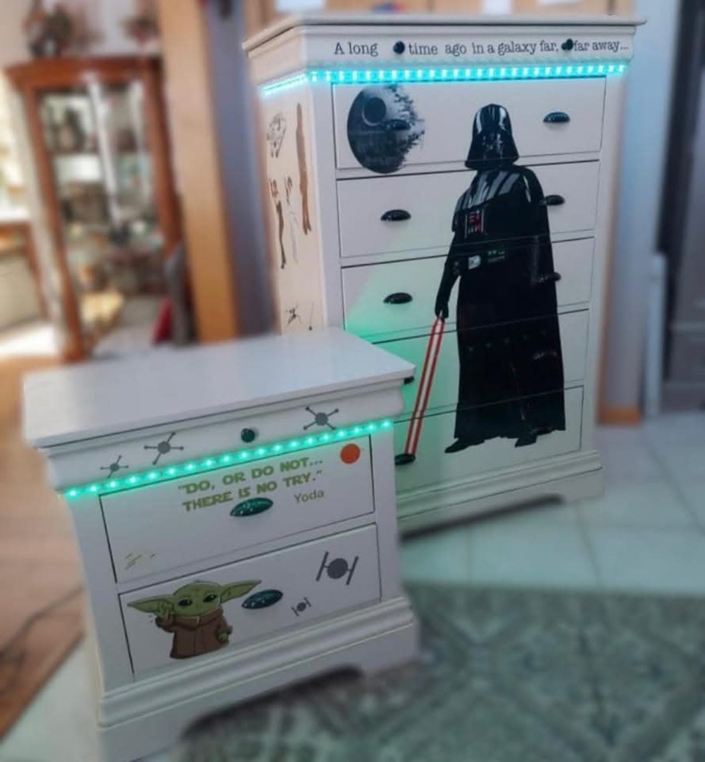 White Star Wars-themed dressers featuring Darth Vader, Grogu, and glowing accent lights